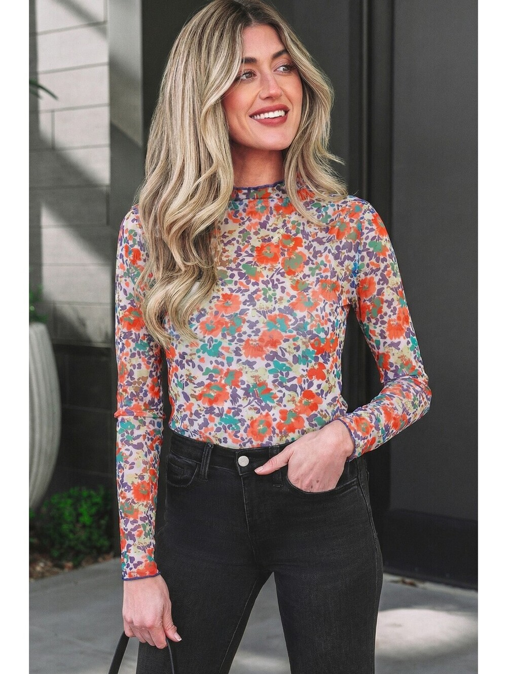 Long Sleeve Floral Print Mesh Top [COPY]
